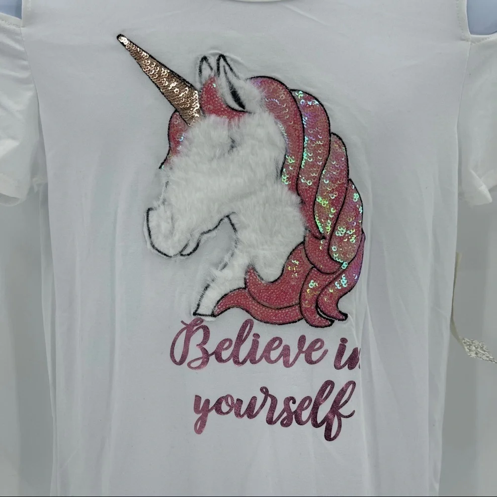 btween Unicorn Sequin Cold Shoulder Top Size 12 - Picture 2 of 8